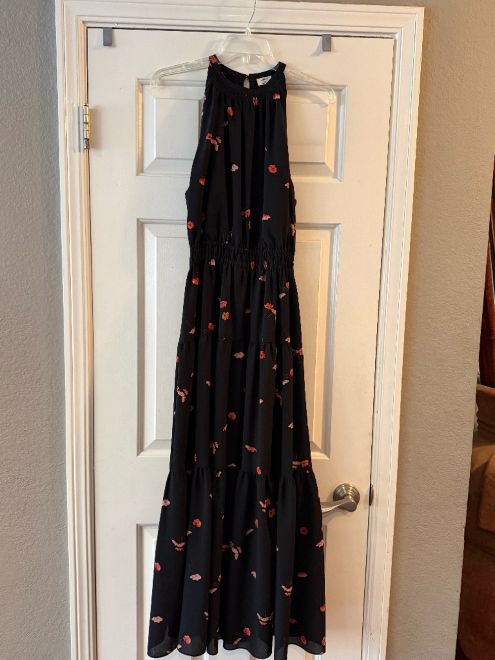 Wilfred Aritzia M Black Floral Tiered Maxi Dress High Neck Sleeveless Boho EUC